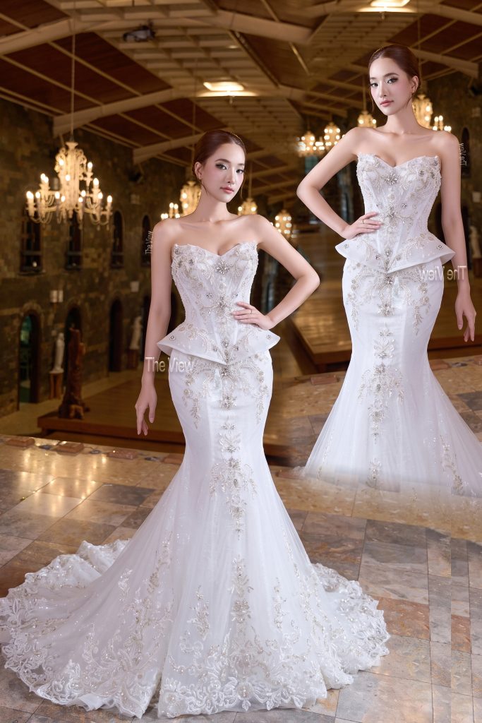 váy cưới đuôi cá ôm body phom thân áo dài hạ eo hông Peplum