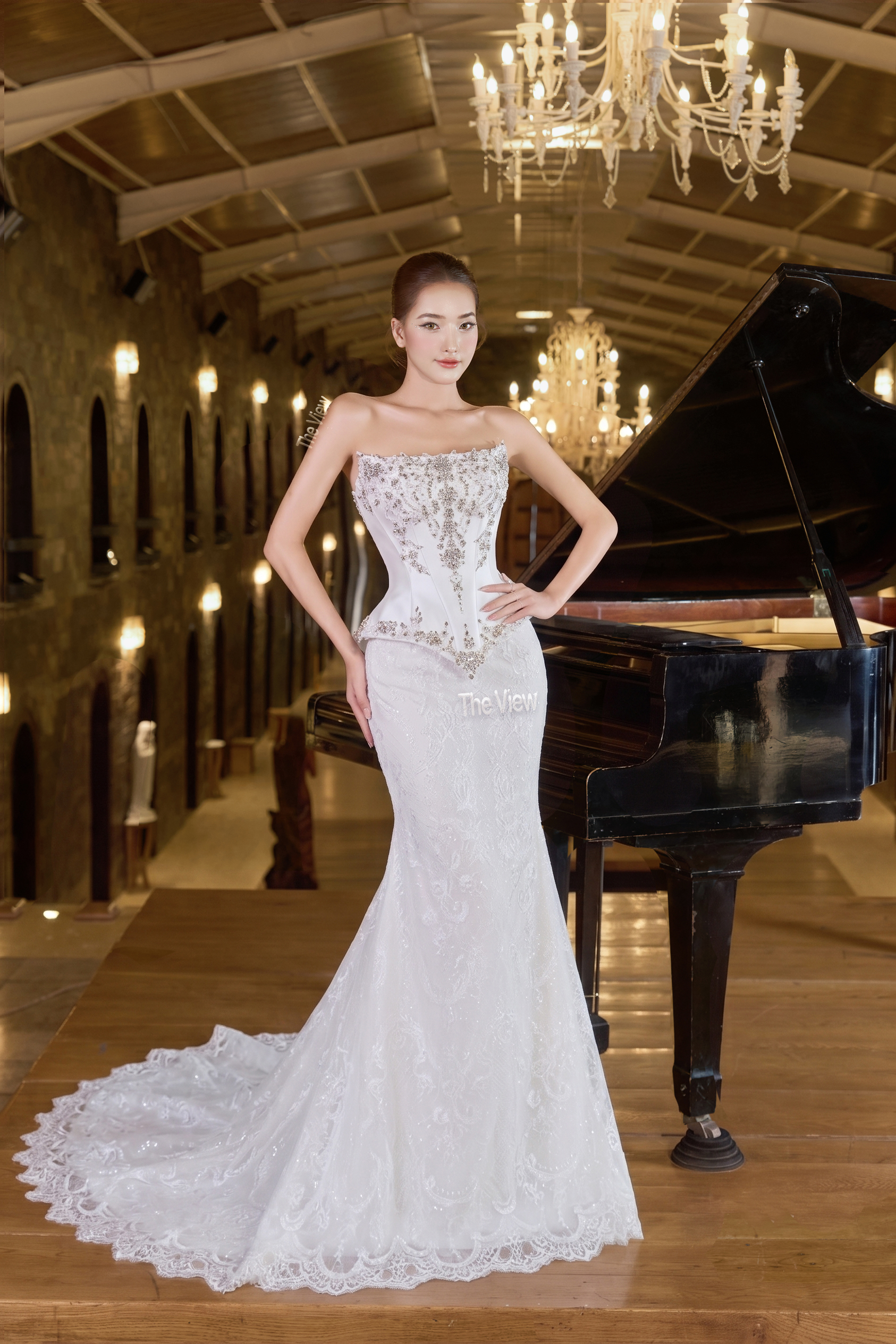 váy cưới cúp ngực corset peplum đầm cưới đuôi cá xòe đuôi đính đá cao cấp - váy cưới cúp ngực corset peplum siết eo