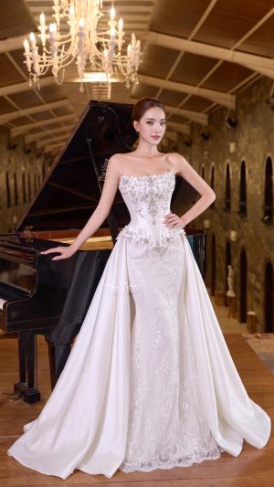 đầm cưới đuôi cá xòe đuôi đính đá cao cấp - váy cưới cúp ngực corset peplum siết eo