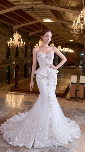 váy cưới đuôi cá ôm body phom thân áo dài hạ eo hông Peplum