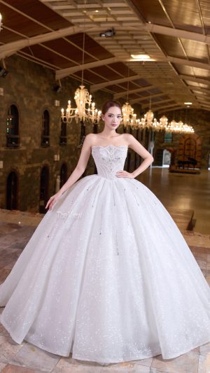 váy cưới tùng xòe lộng lẫy mặc xòe mặc đón khách đứng cổng đính đá