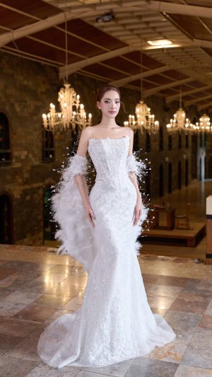 Váy cưới đuôi cá REN 2 mảnh, áo rời chân váy - phong cách Basque Waist Corset