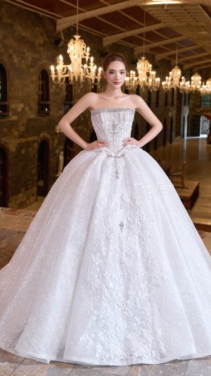 Váy cưới Peplum sang trọng họa tiết ren hoàng gia mặc đại lễ