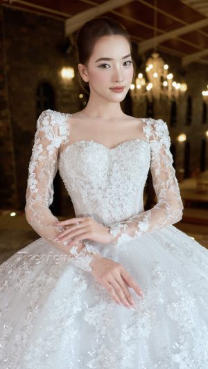 Váy cưới dài tay hở cổ chất liệu ren bling tùng xòe độn mặc cổng lễ chính