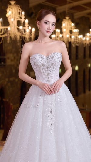 váy cưới đi bàn tiệc chất liệu ren nhập đính đá cao cấp thiết kế tùng váy nhẹ 633