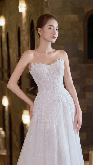 váy cưới hôn phối dáng suông phối voan ren nhẹ nhàng cực nịnh dáng